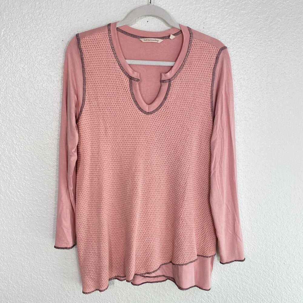 Soft Surroundings Top Women Medium Textured Waffle Layer V Neck Blouse Pink
